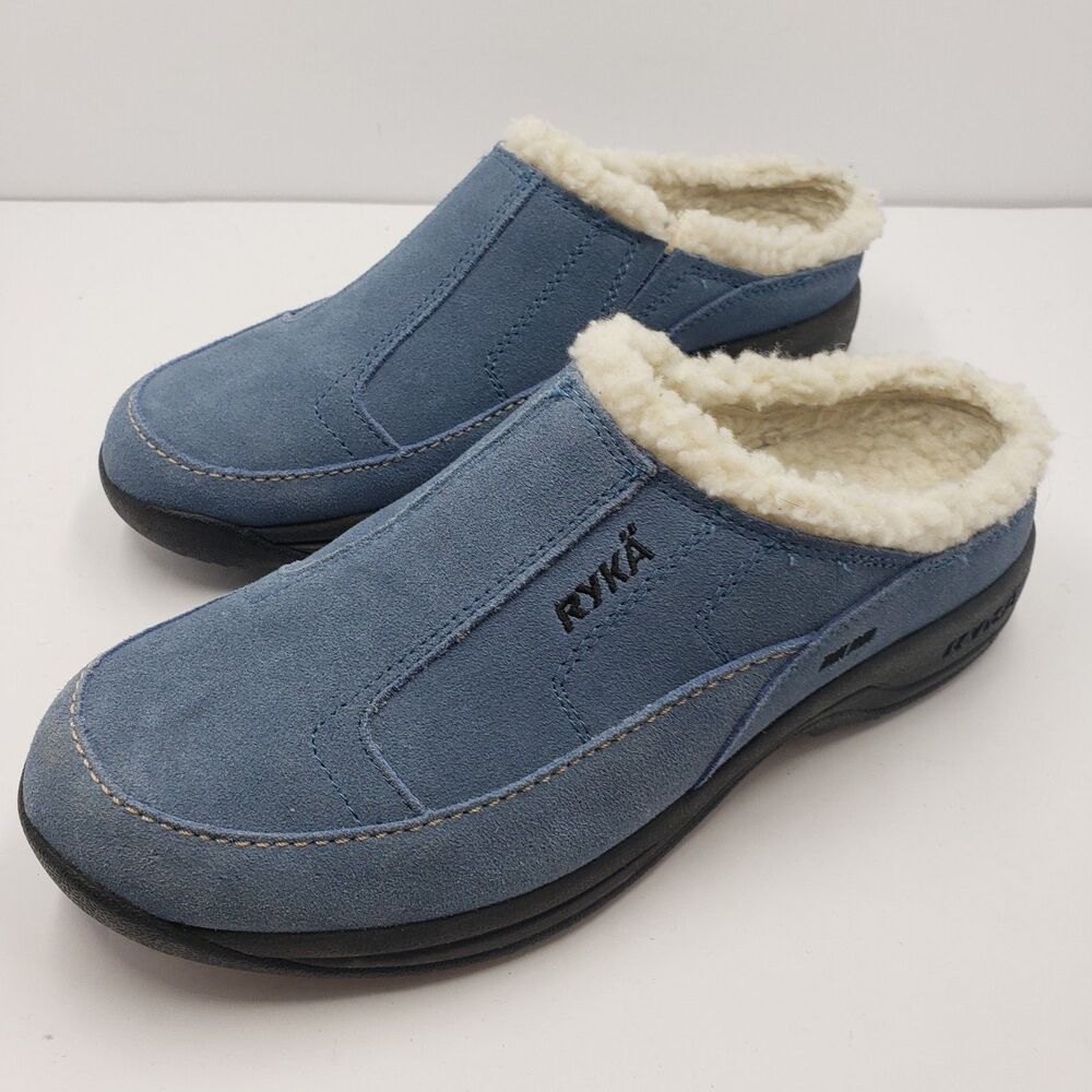 Ryka Suede Sherpa Lined Slip On Mules Slippers Blue Women's Size 9